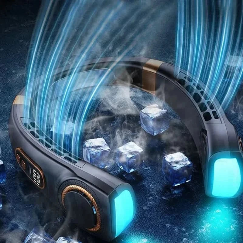 Cooling device with ice cubes and blue lights on a dark background

