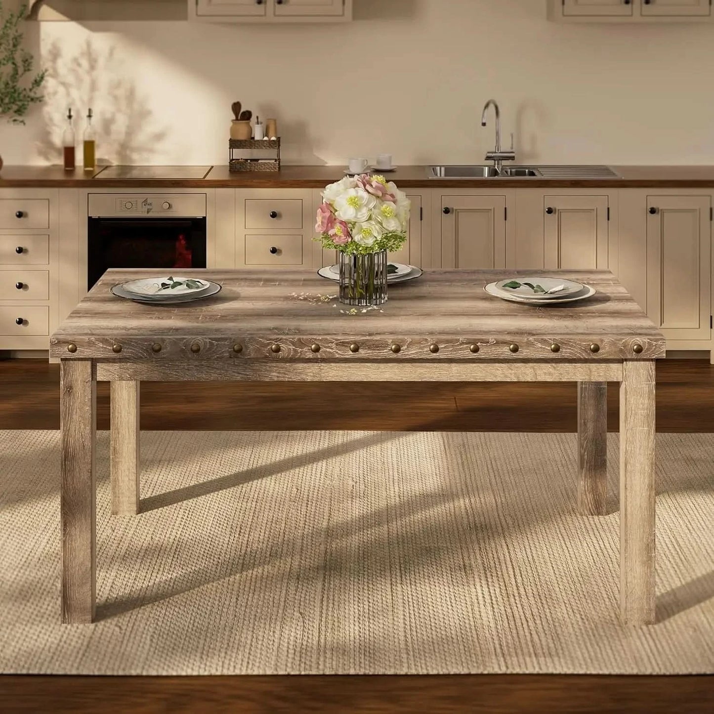 Rustic Dining Table, Farmhouse Kitchen Dining Chairs , Charming 60" Rectangular Wooden Table& Upholstered