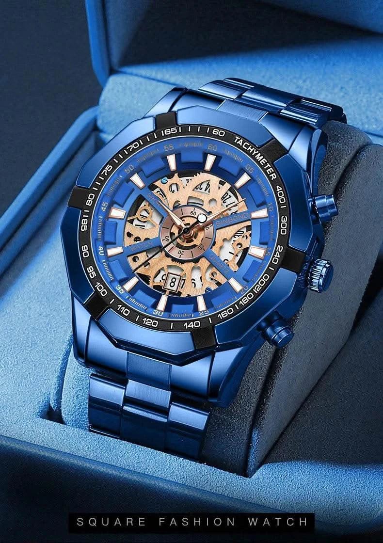 BINBOND Mens Quartz Watches Top Brand Luxury Stainless Steel Waterproof Hollow Out Blue Big Male Wristwatches Relogio Masculino - M & M Global