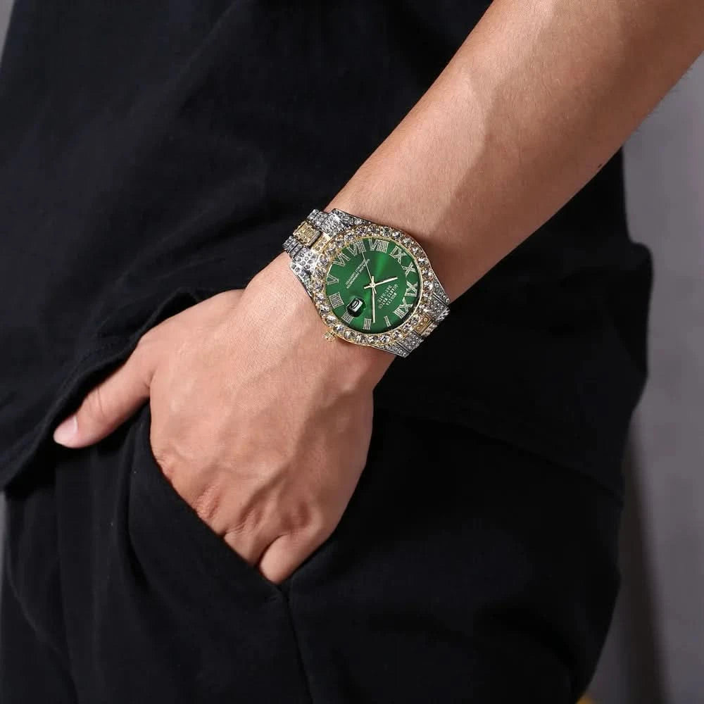 Hip Hop Iced Out Men Watch Full AAA Rhinestone Around Luxury Quartz Watches Round Clock Unisex Wrist Watch Gift For Boyfriend - M & M Global