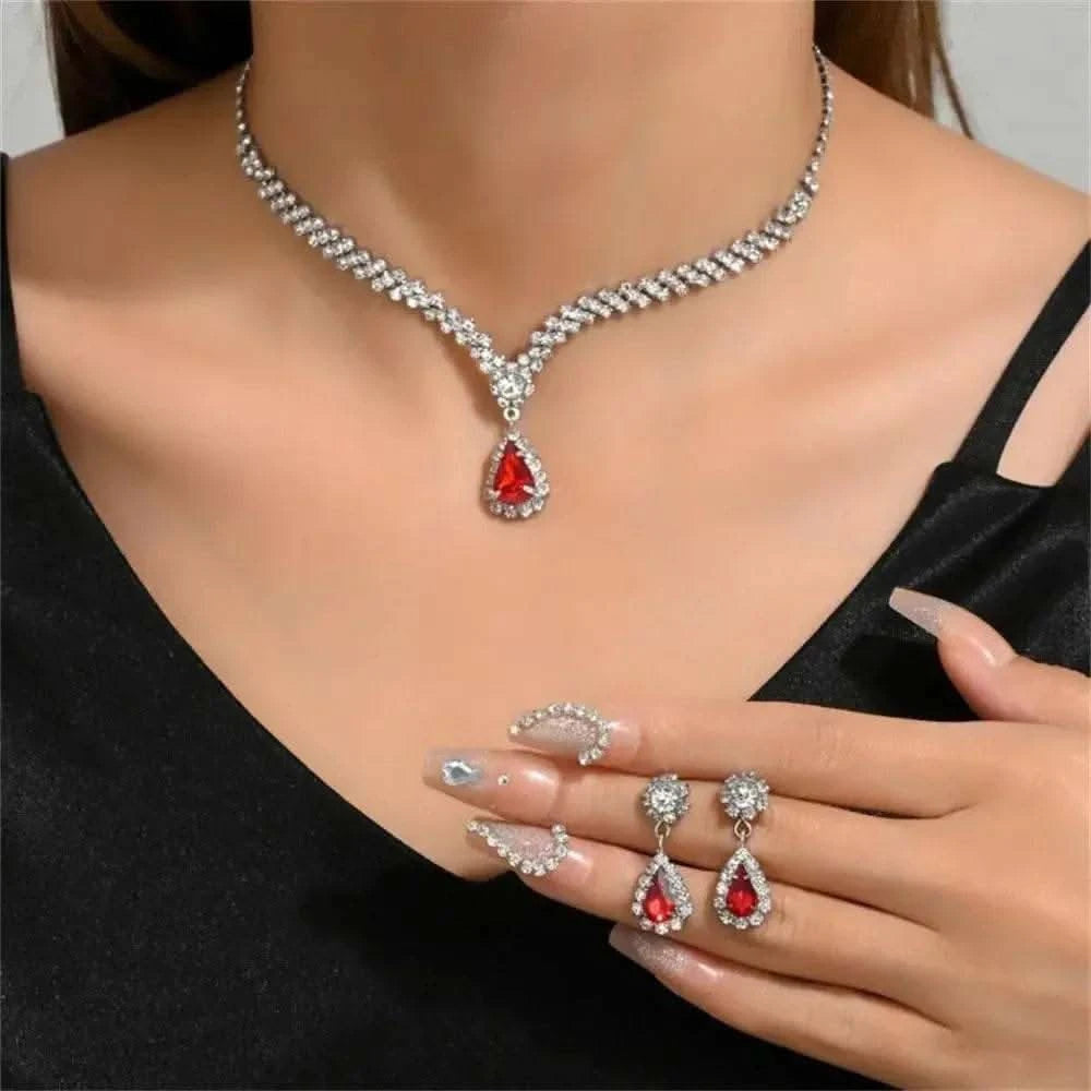 2pcs/set Jewelry Sets Women Elegant Waterdrop Rhinestone Pendant Necklace stud Earrings Wedding Dress Bridal Jewelry Set - M & M Global