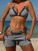 New Striped Polka Dot Halter Shorts Bikini Female Swimsuit Women Swimwear Three-pieces Bikini set Bather Bathing Suit Swim V6384 - M & M Global