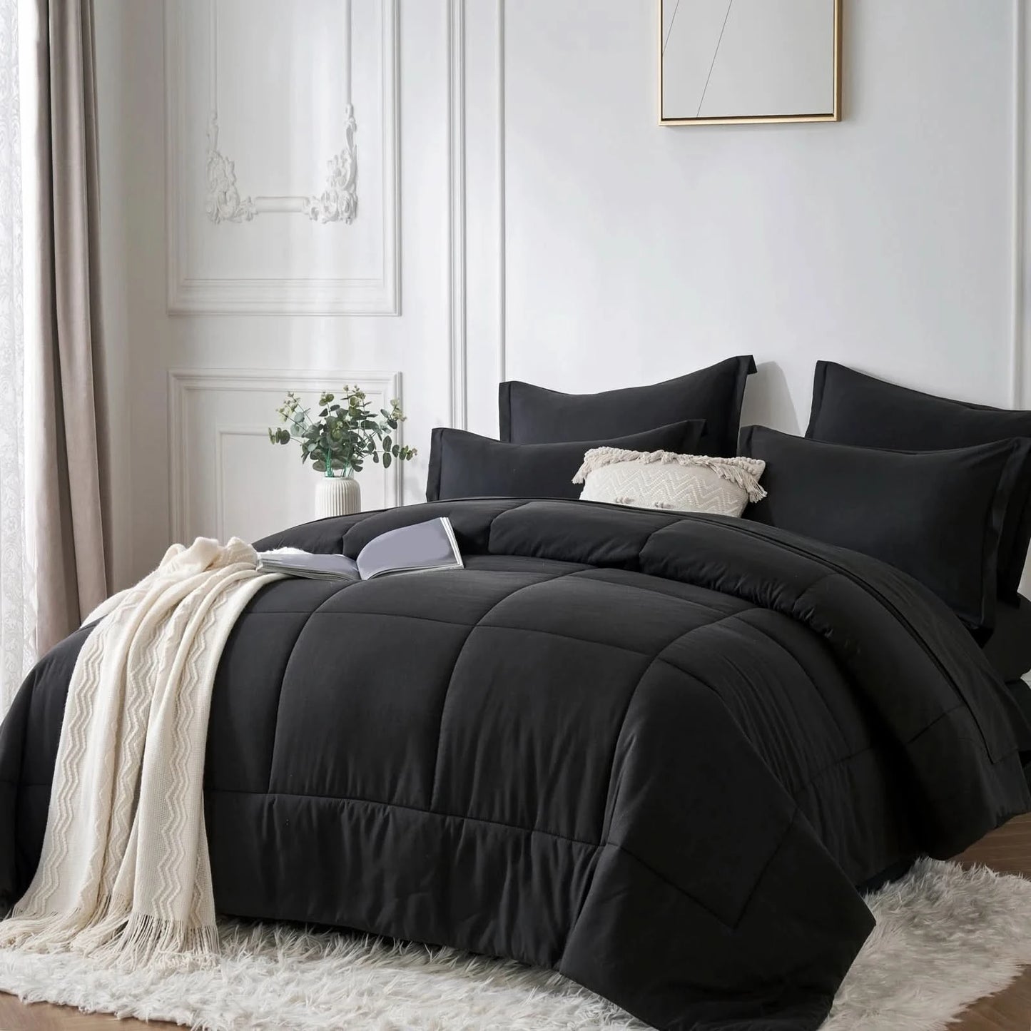 7-Piece Bed in a Bag Comforter Set Queen – Stylish Solid Geometric Bedding Set with Comforter, Sheets & Pillowcases – Modern Design, Ideal Gift