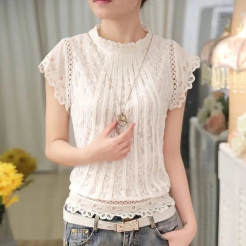 Summer Casual Solid Blouses for Women Petal Sleeve Floral Lace Tops Sweet Chiffon O-neck Short Shirts Elegant Chic New 01C - M & M Global