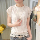 Summer Casual Solid Blouses for Women Petal Sleeve Floral Lace Tops Sweet Chiffon O-neck Short Shirts Elegant Chic New 01C - M & M Global
