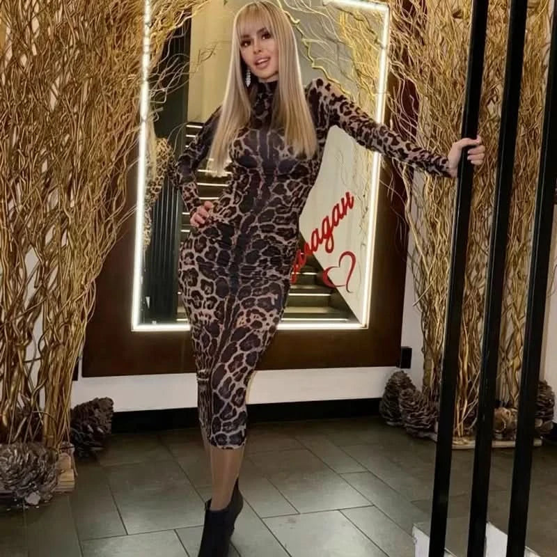 Print Leopard Print Slim Long Dress Women's Fashion Long Sleeve Sexy Party Dress Summer Street Leopard Print Long Dress 2024 New - M & M Global