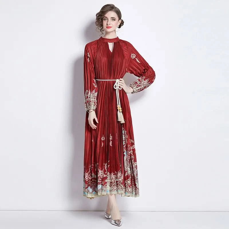Spring Holiday Print Long Dress For Women Fashion Loose Lantern Sleeve Party Robe Female Big Swing Tassels Belt Pleated Clothes - M & M Global