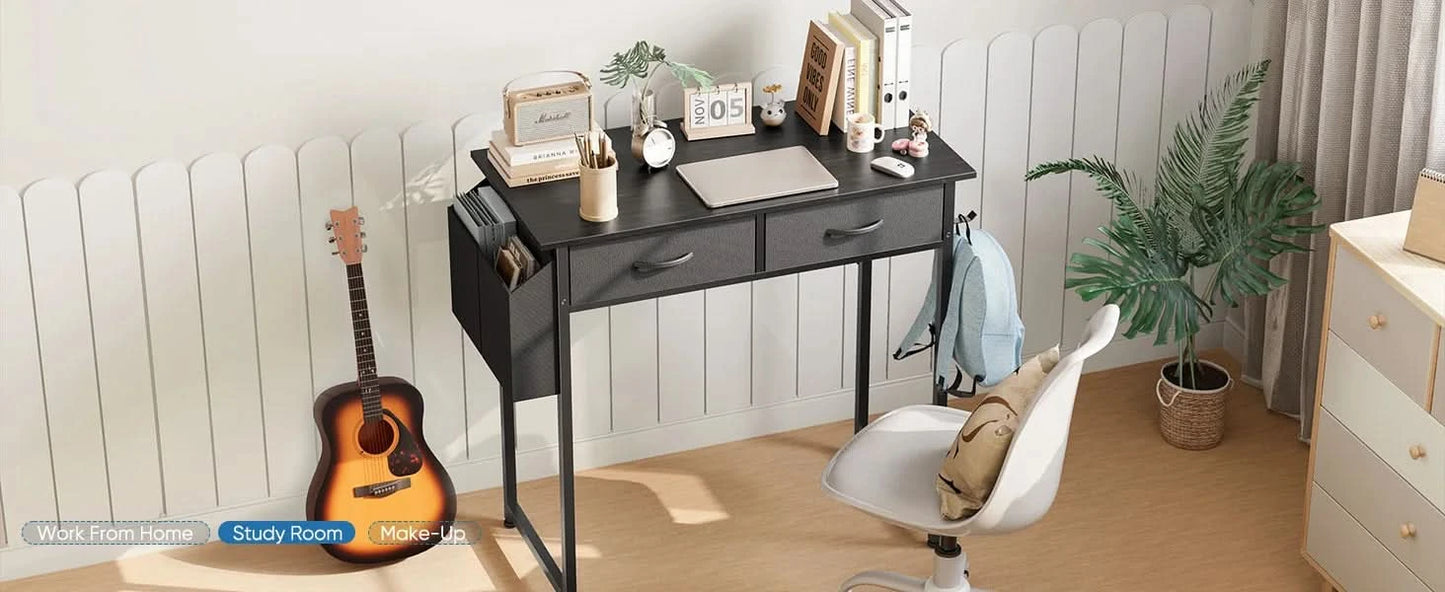 JHK 32 Inch Modern Office Computer Desk with Fabric Storage Drawers Space Side Bag Metal Frame Adjustable Feet For Home PC Table