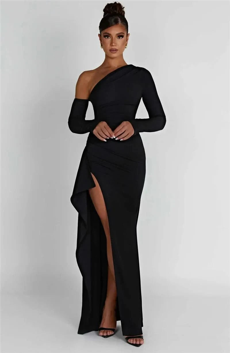 Mozision Oblique Shoulder Thigh High Split Maxi Dress Women Long Sleeve Backless Bodycon Sexy Club Party Long Dress Vestidos - M & M Global