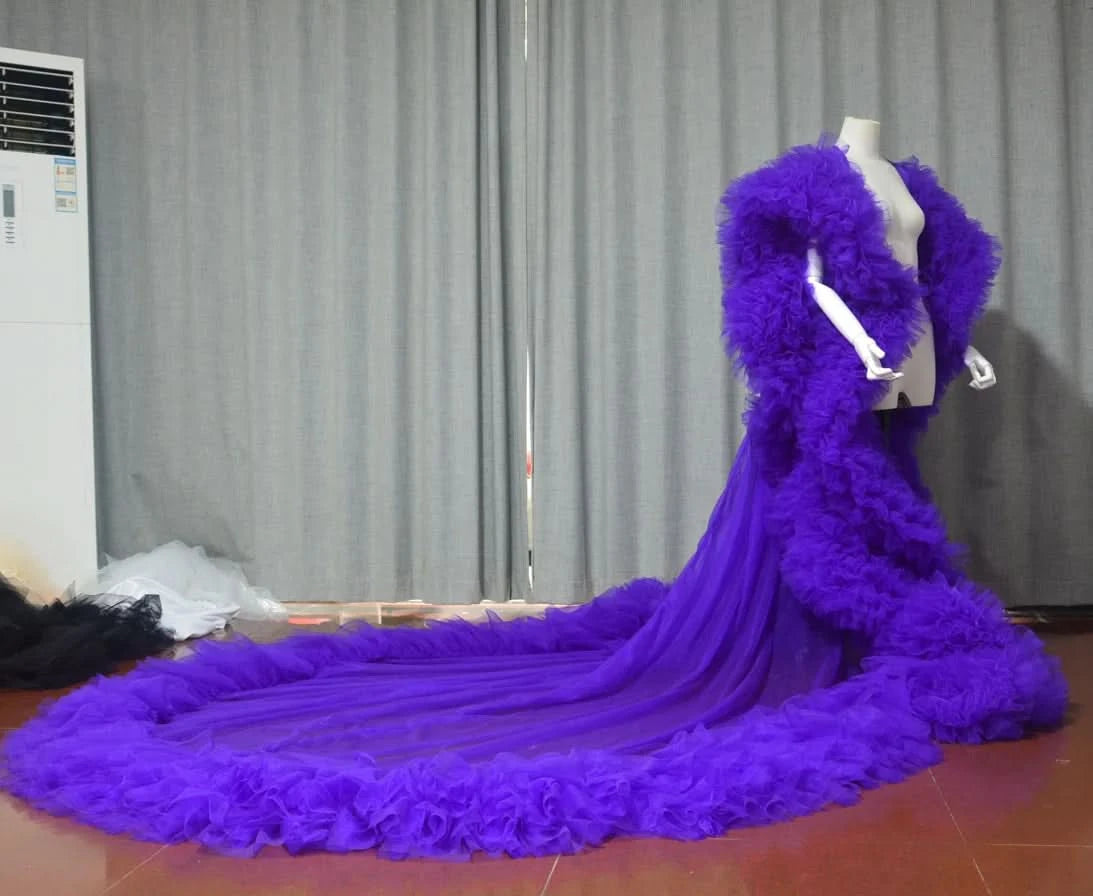 luxury Fully  long dress with ruffles cape tulle cloak Wedding attire Fashion Stage cloak custom  party prom dress - M & M Global