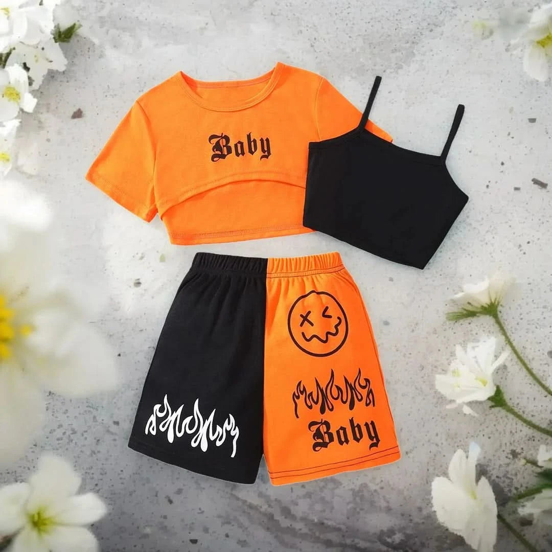 New Kids Girls Clothing Set Summer Short Sleeve Fashion Three Piece Girls Suit Color Block Children Outfits Girls Clothes 8-12Y - M & M Global