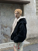 2025 Y2k American new Jacket  Retro Woolen Collar Hoodeds Cotton Plush Men Street Hip Hop Gothic Harajuku Oversize Jacket Coat