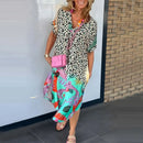 Retro Leopard Print Patchwork Pattern Party Dress Women Sexy V Neck Loose Split Long Dress Spring Summer Short Sleeve Boho Dress - M & M Global