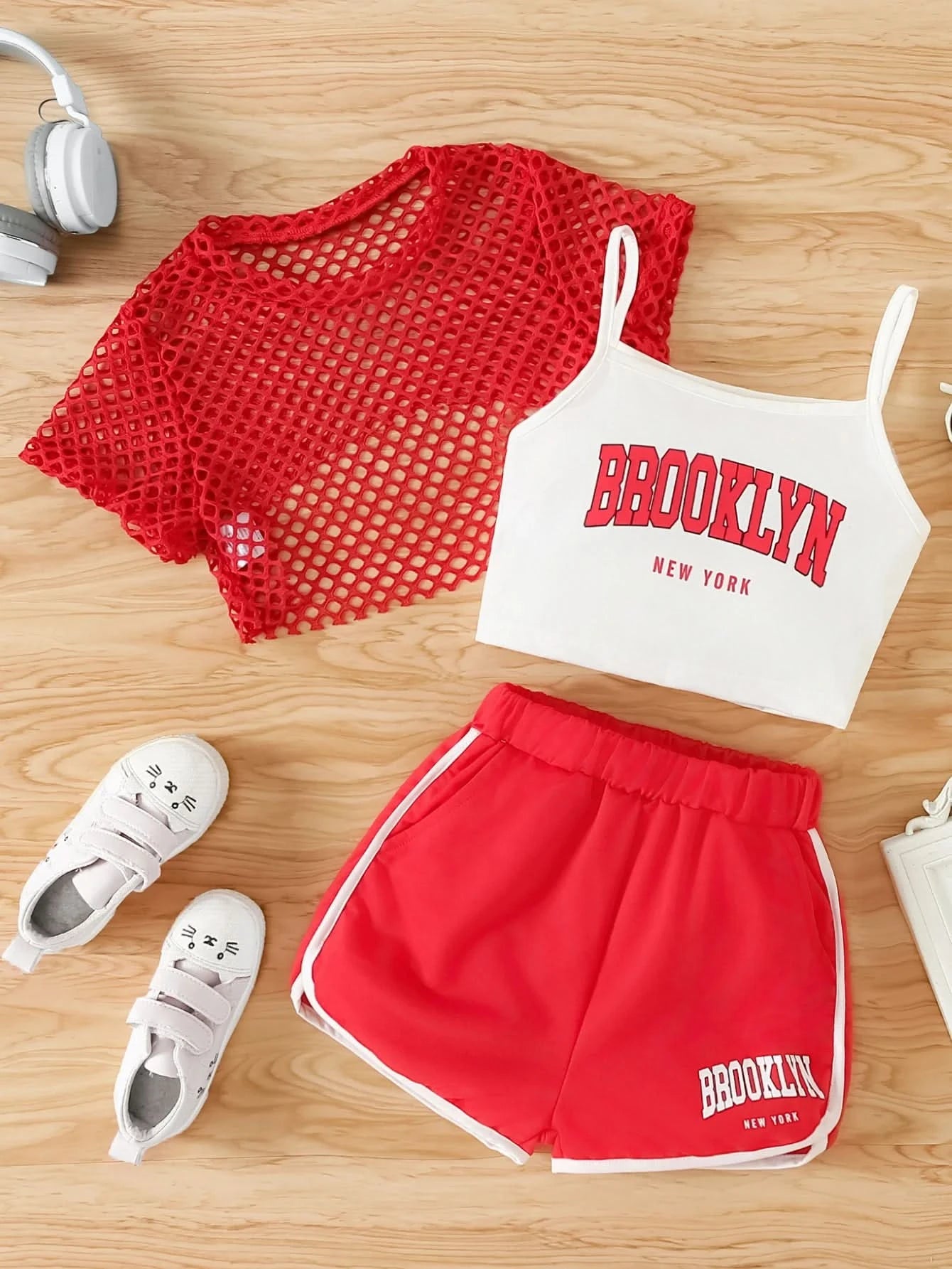 Girls Three-Piece Clothing New Breathable Summer Thin Fashion Short-Sleeved Mesh Top + Letter Printed Short Vest Suspender + Letter Printed Sports Shorts - M & M Global