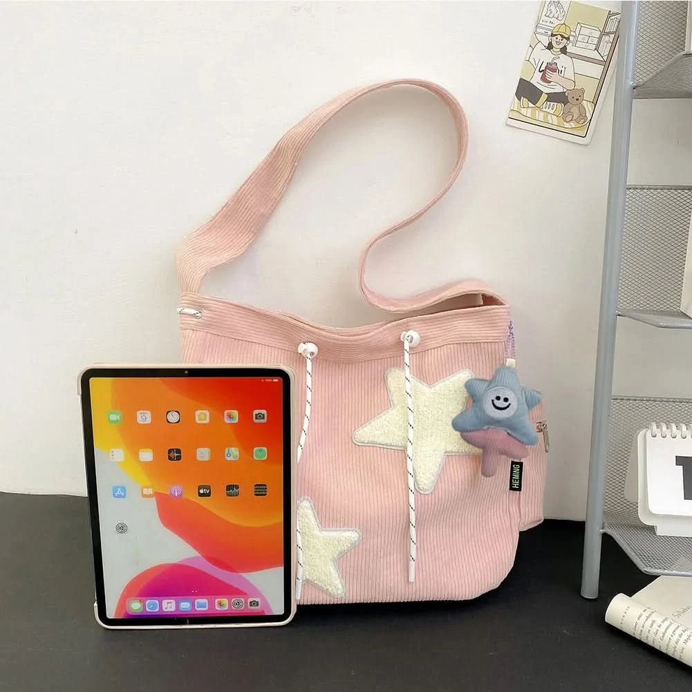 Women Star Pattern Corduroy Crossbody Bag Casual Tote Lady Fashion Large Capacity Shoulder Bag Girl Travel Messenger Bag Handbag - M & M Global