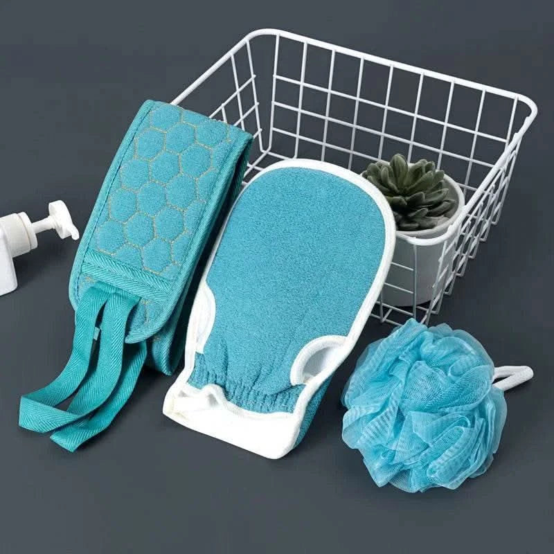 3 PCS Three-piece Bath Set, Rub Bath and Bath Artifact, Household Long Rub Back Towel, Bath Gloves, Bath Flower Set - M & M Global
