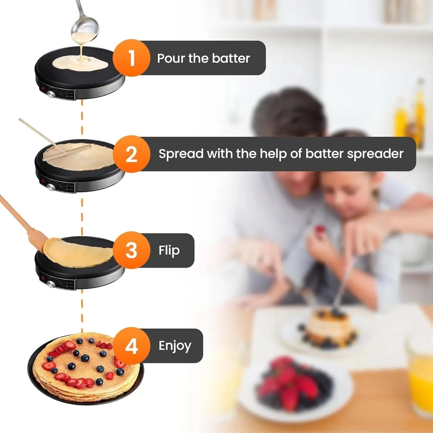 Electric Crepe Maker, Nonstick Multi-Function Tortilla Machine, Ideal for Crepes, Pancakes & Roti, Wooden Spatula & Batter Sprea - M & M Global