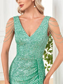 Elegant V-neck Sequins Slit Floor Length Formal Evening Dresses Luxury sleeveless Bridesmaid Wedding Party Beading Cocktail Gown