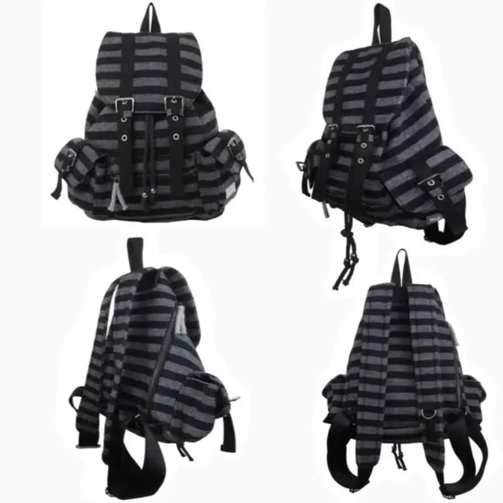 High Quality Korean Style Backpacks Drawstring Design Large Capacity Casual Bookbags Soft Flat Stripe Tote Bags - M & M Global