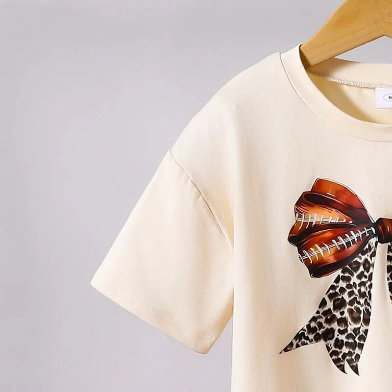 Children Clothing Sets Beige Bow Printed T-shirt & Striped Leopard Pants Trendy Girls Outfit Summer Clothing Sets 8-12 Kids Suit - M & M Global