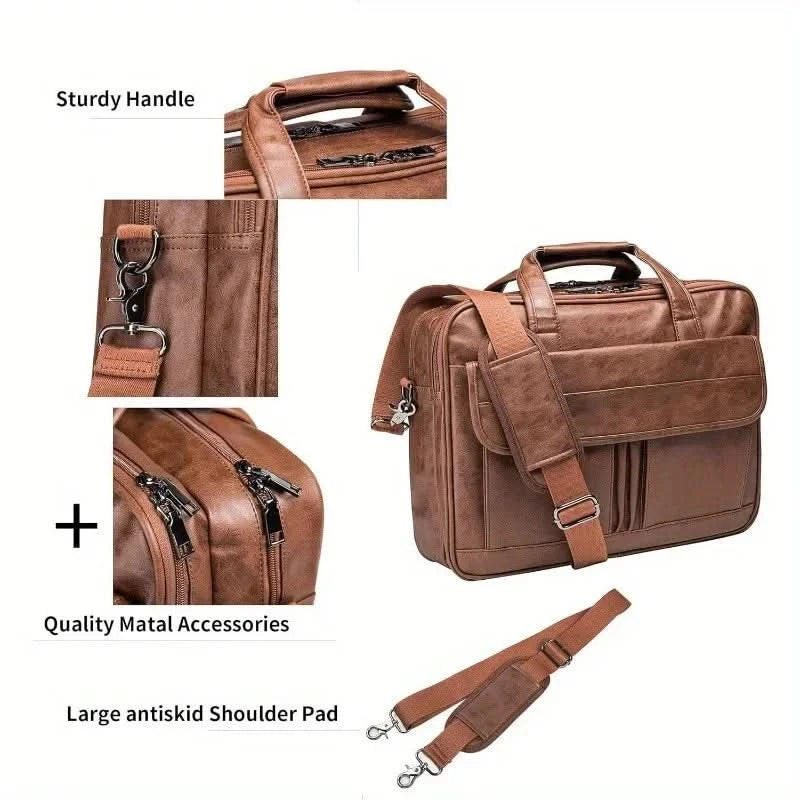 Vintage Messenger Bag for Men 17 Inch Laptop Briefcase Multi Pocket Faux Leather Shoulder Bag Business Crossbody Bag Travel - M & M Global