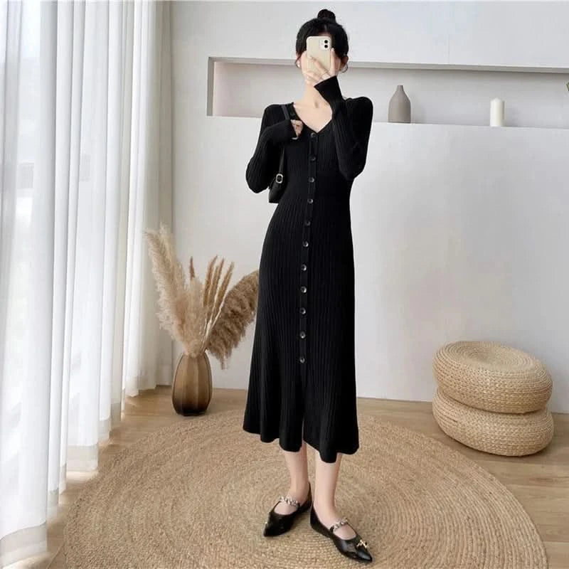 Lucyever Elegant Knitted Long Dress for Women Korean Chic Buttons Slim Fit Midi Dresses Female Streetwear V Neck Party Vestidos - M & M Global