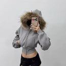 New American Style Hooded Sweatshirt Jacket Zipper Spring Autumn Short Design Top Short Outerwear Fur Collar Commuter Style