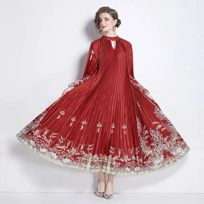 Spring Holiday Print Long Dress For Women Fashion Loose Lantern Sleeve Party Robe Female Big Swing Tassels Belt Pleated Clothes - M & M Global
