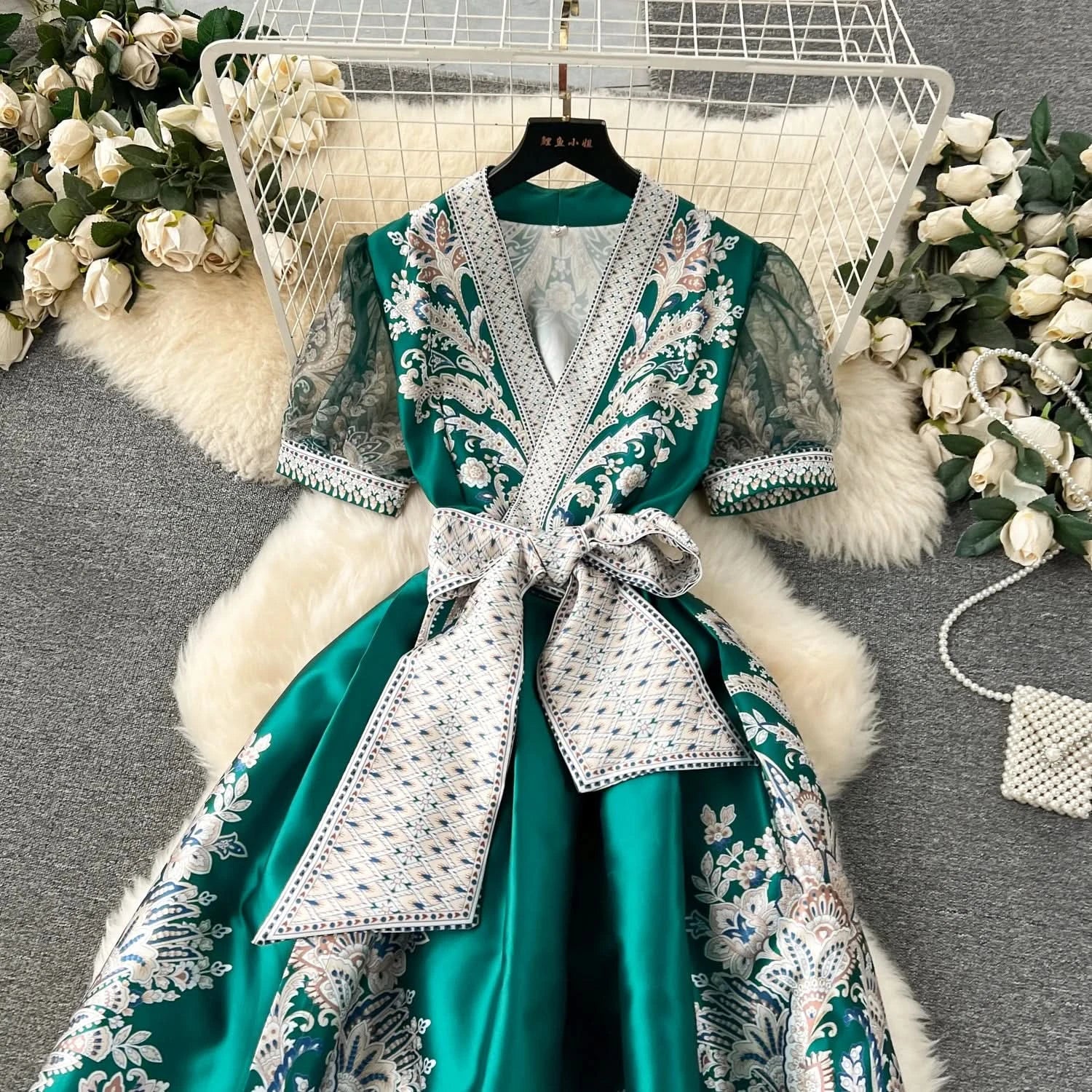 Summer Bohemian Paisley Print Long Dress Women V-Neck Short Puff Sleeve Vintage Print Bandage Lace Up Robe Vestidos Clothes 6237 - M & M Global
