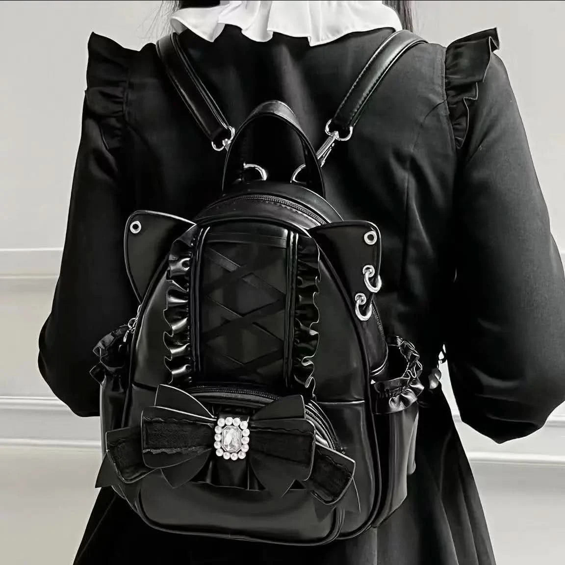 Korean Fashion Y2k Punk Backpack Lace Bow Cat Ear Lotus Lace Decoration Lolita Backbag PU Leather Large Capacity Women Backpack - M & M Global