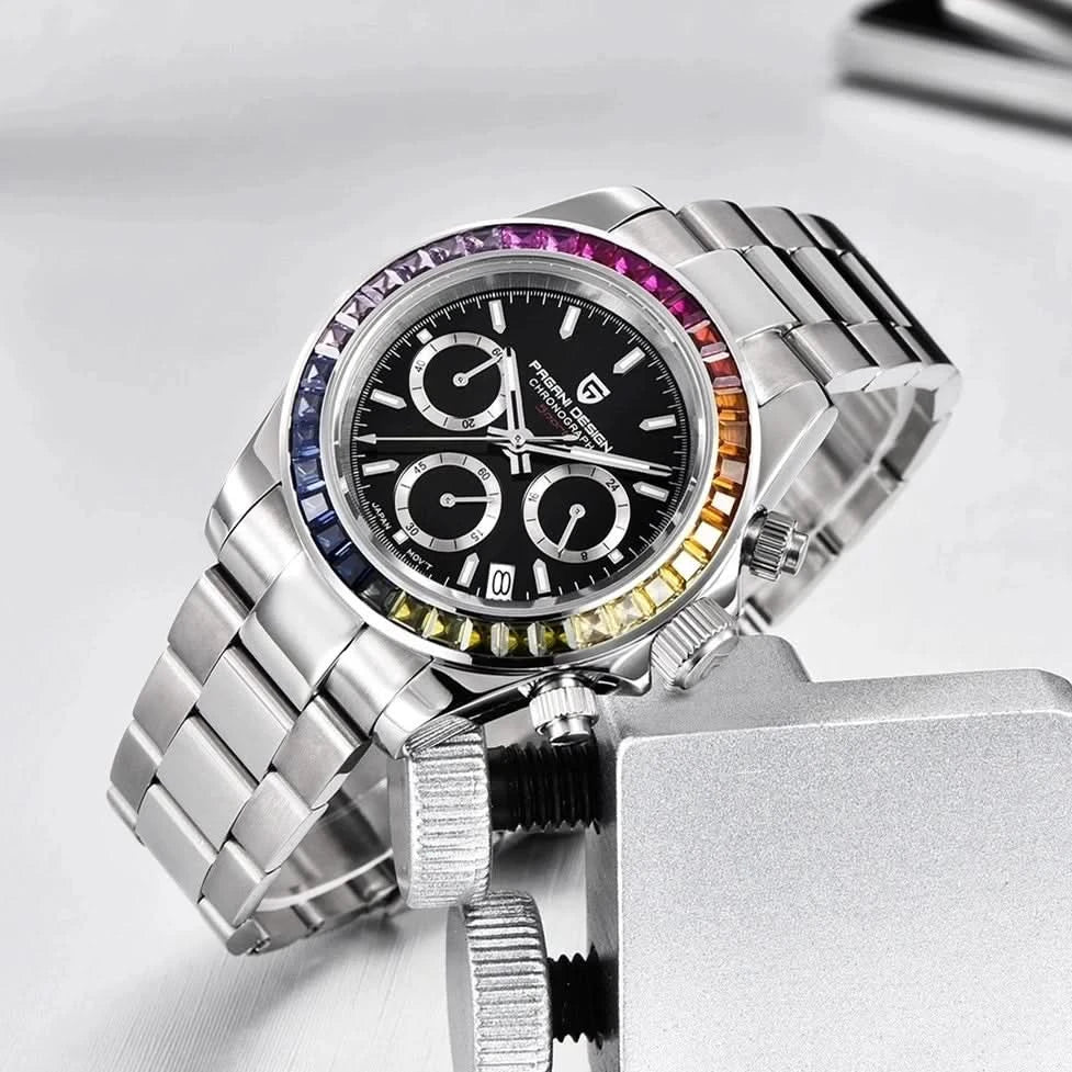 2023 PAGANI DESIGN New Rainbow Bezel Sport Watch Men Quartz Stainless Steel 100MWaterproof Mens Watch VK63 Sapphire Chronograph - M & M Global