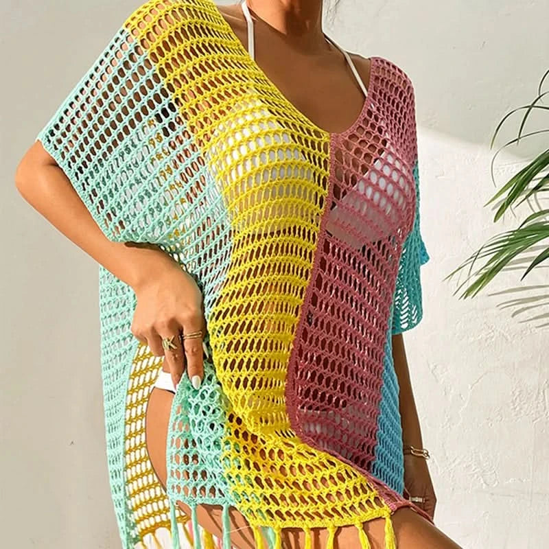 Knitted Contrast Tassel Bikini Summer Beach Cover Up Sexy Hollow Out Women V Neck Loose Beachwear Sunscreen Smock - M & M Global