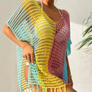 Knitted Contrast Tassel Bikini Summer Beach Cover Up Sexy Hollow Out Women V Neck Loose Beachwear Sunscreen Smock - M & M Global
