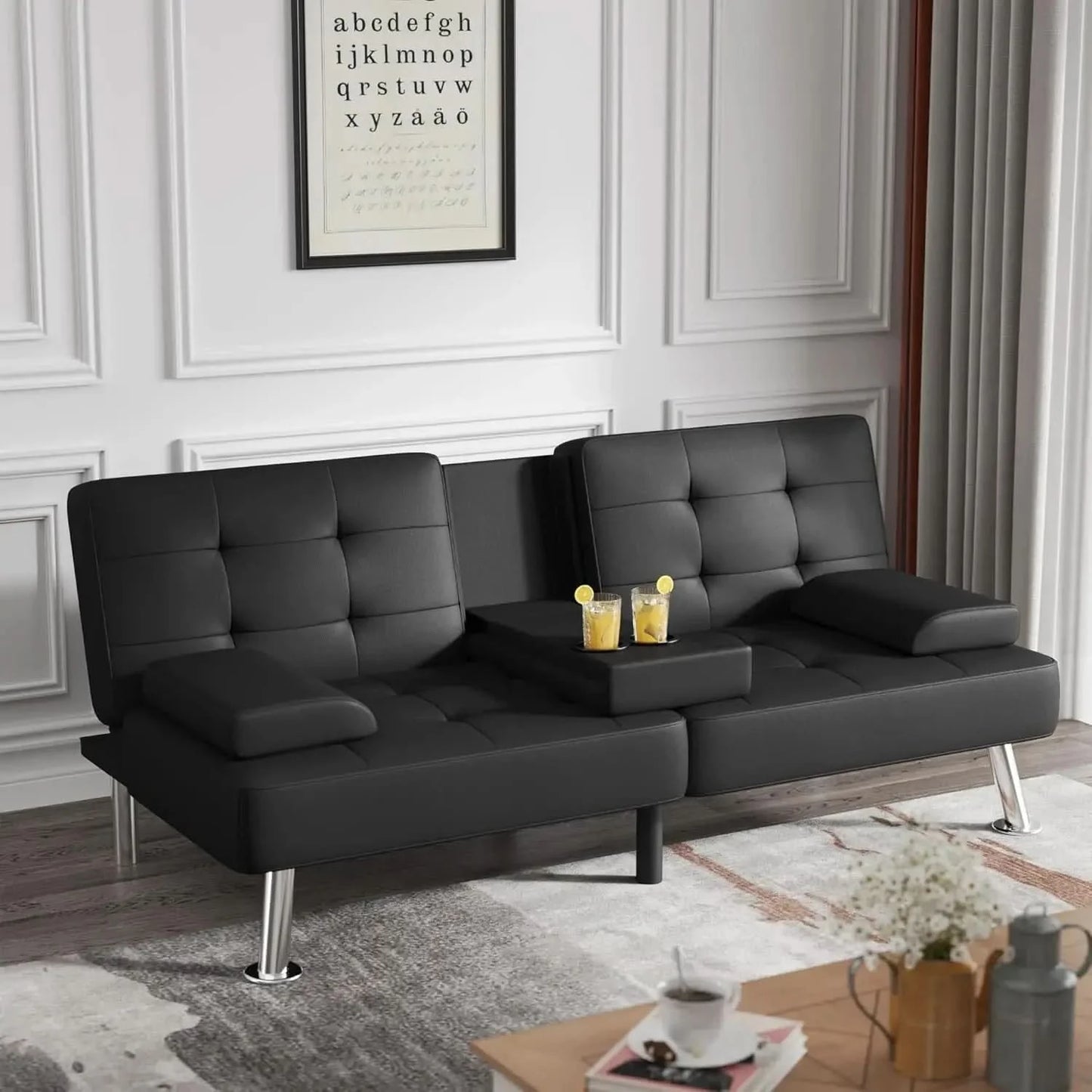Authenticity guarantee.Futon Sofa Bed Modern Folding Futon Set Convertible Recliner Lounge for Living Room with 2 Cup Holder.HOM