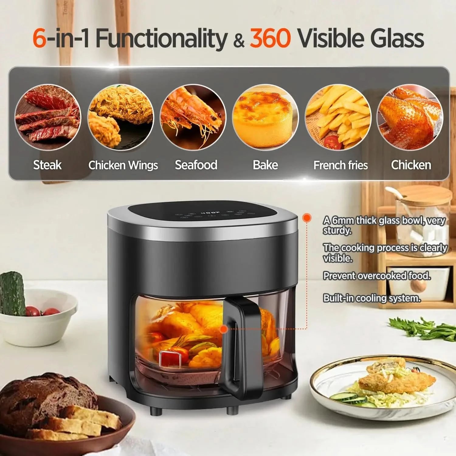 6-IN-1 Glass Air Fryer with 4.5 QT Capacity,Air Fry, Roast, Reheat, Dehydrate, Air Crisp Technology,Nonstick & Dishwasher Safe B - M & M Global