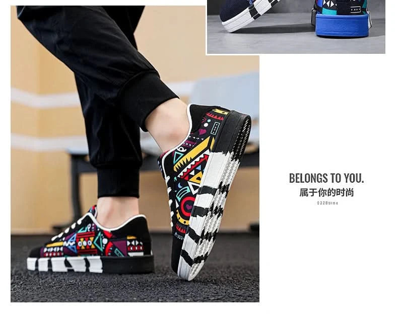 YRZL Men's Sports Running Shoes Canvas Geometric Style Lace-Up Sneakers Couples' Fashionable Graffiti Print Skate Shoes Men - M & M Global