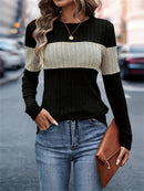 Color-block patchwork crewneck T-shirt, elegant long-sleeved T-shirt for spring and autumn, women's
