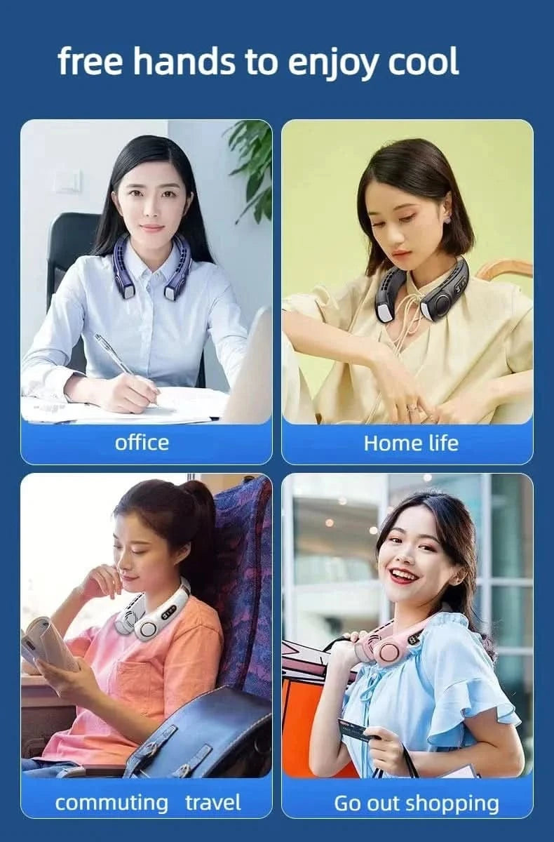 Four scenarios showing a woman using a neck support device in different settings.