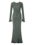 Women's Autumn Winter Knitted Bodycon Dress Long Sleeve Tie Backless Round Neck Solid Color Ruffle Trim Long Dress Beachwear - M & M Global