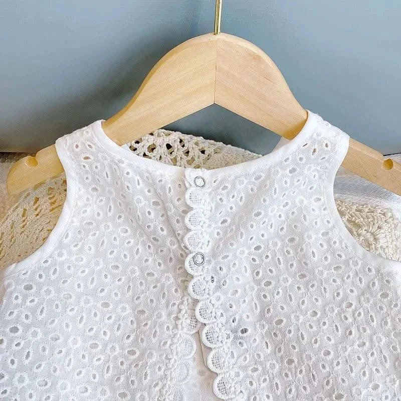 2PCS Kids Sets Summer Girl Clothes Children Hollow Lace Sleeveless Tops Shorts Set Fashion Baby Girl Cardigan Fake Two Suit - M & M Global