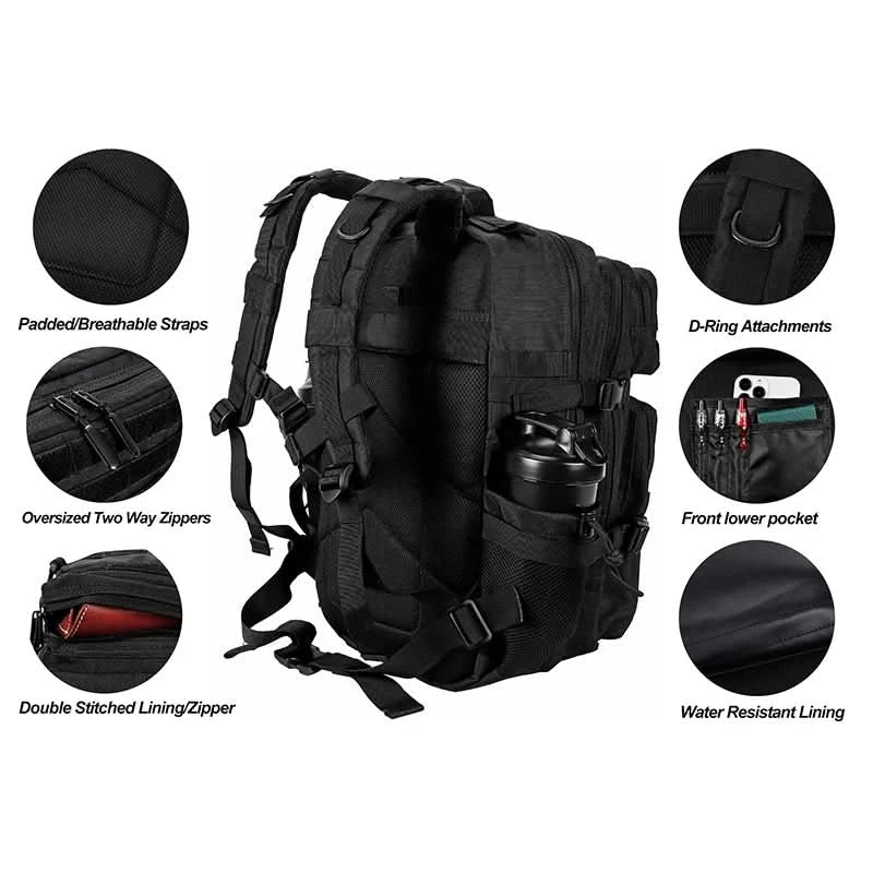 LHI 45L/35L/25L Tactical Backpack for Men and Women Waterproof Athlete Gym Outdoor Bag Travel Hiking Rucksack with Bottle Holder - M & M Global