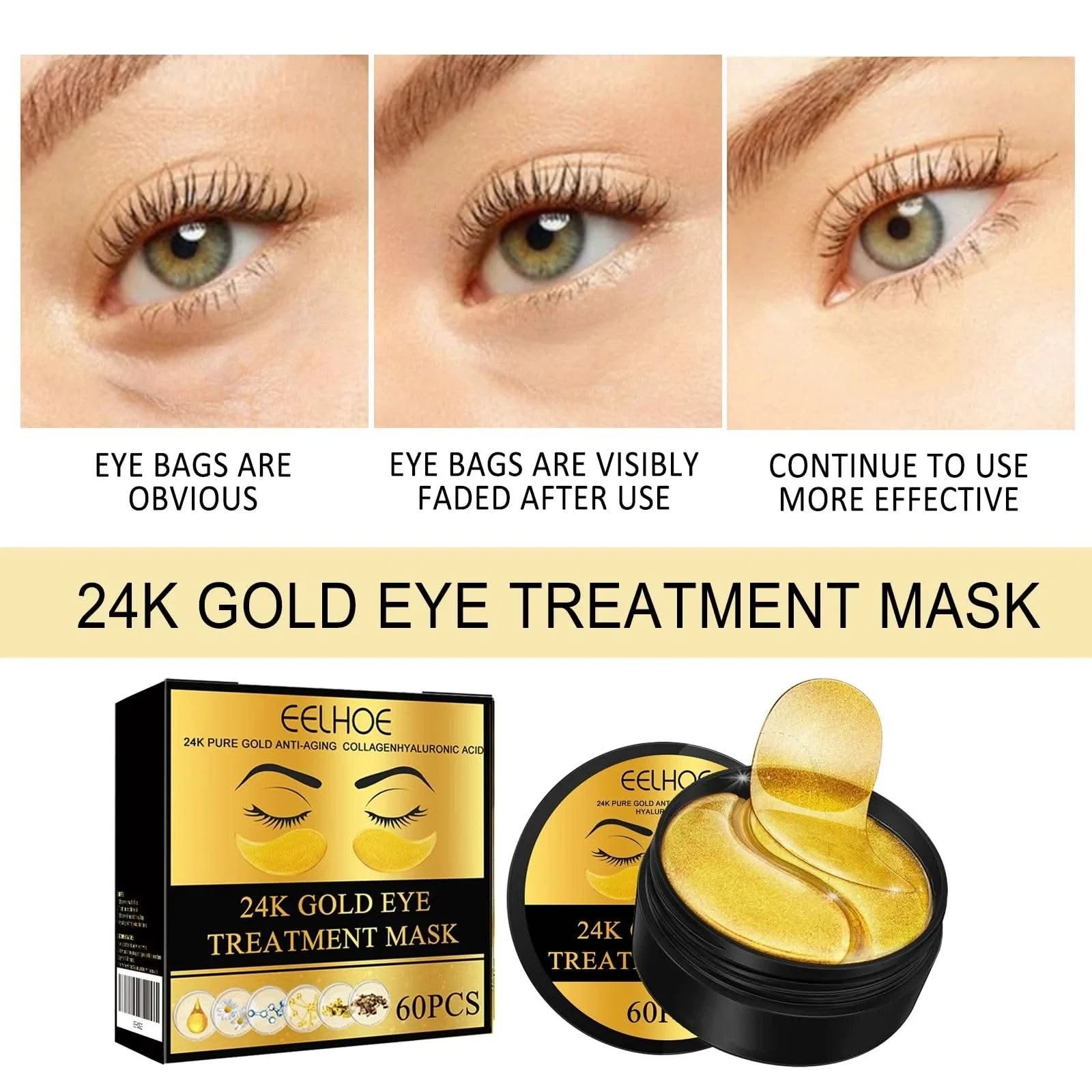 60PCS 24K Gold Eye Mask Anti Dark Circles Removal Eyes Bags Moisturizing Firming Eye Patches Eyes Skin Care Products - M & M Global