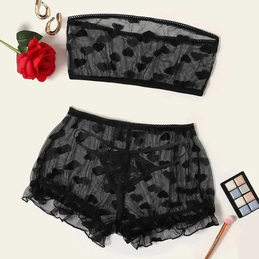 Strapless Bra Set Women Intimates Sheer Gauze Ruffles Lingerie Set Sexy Underwear Fancy Temptation Erotic Lingerie Bikini - M & M Global