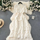 Elegant Flower Embroidery Lace Hollow Out Midi Dresses Women's 2025 Summer O Neck Short Sleeve Casual Long Dress Party Vestidos - M & M Global