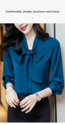 Elegant Pure Color Long Sleeve Women's Shirt with Bow Tie Single Button Open Cardigan Spring Autumn Fashionable Ageless