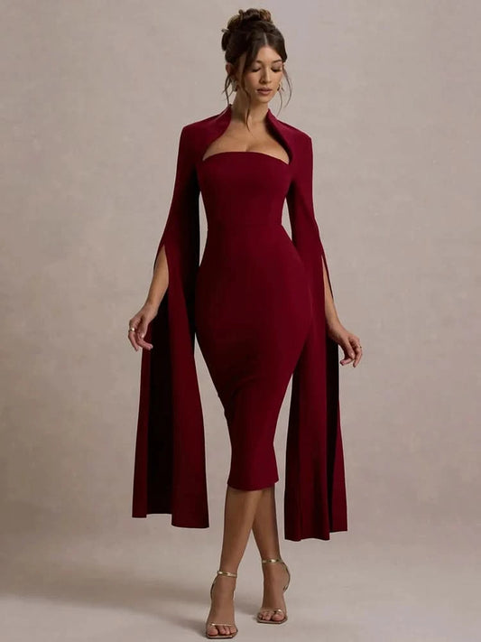 Mozision Cape Long Sleeve Sexy Midi Dress For Women Autumn Winter New Square Collar Back Slit Bodycon Club Party Long Dress - M & M Global