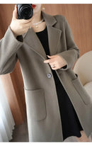 Plus Size Women's Long Sleeve Woolen Coat Pure Color Slim Fit Midi Length Spring New Style Compact Size Versatile Quality Pol...