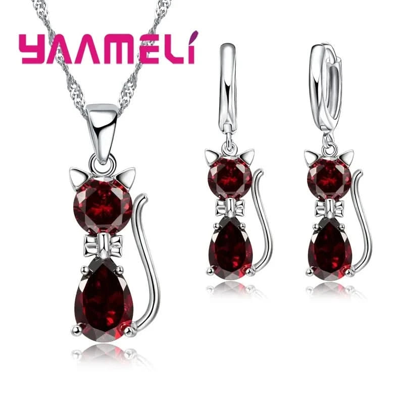 Real 925 Sterling Silver Color Jewelry Sets for Woman Girls Shining Austrian Crystal Cute Cat Pendant Necklace Huggie Earring - M & M Global