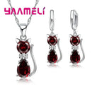 Real 925 Sterling Silver Color Jewelry Sets for Woman Girls Shining Austrian Crystal Cute Cat Pendant Necklace Huggie Earring - M & M Global