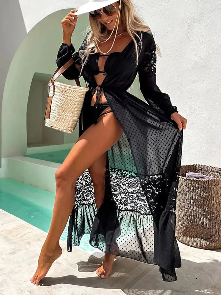 Summer Women Lace Patchwork Bikini Chiffon Beach Dress Cover Up Kimono Polka Dot Lace-up Cardigan Swimwear Long Sleeve Holiday - M & M Global